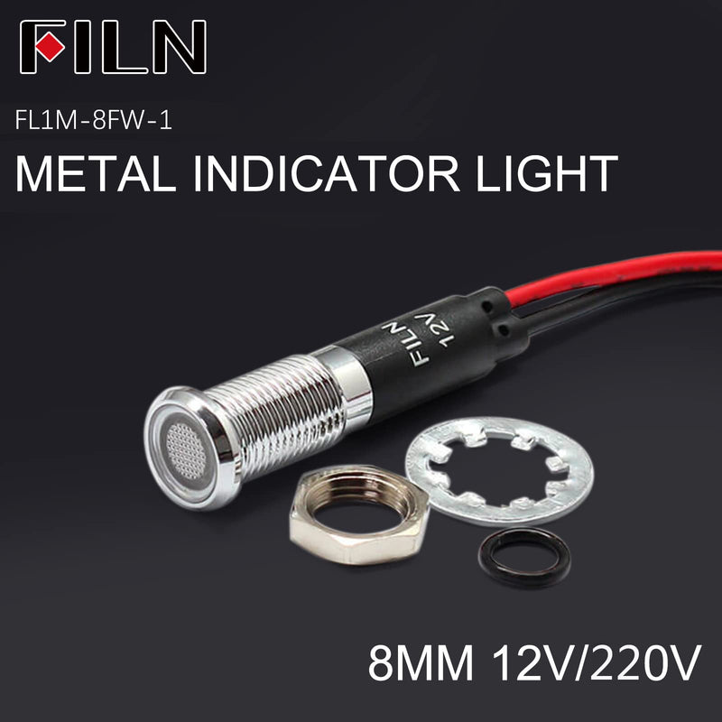 FILN 5 pieces 8 mm (5/16 inch) 12 V LED indicator light, waterproof pilot signal lamp, alarm light, metal panel lights (black, anodised, red5 pieces) red Schwarz eloxiert-12V-5pcs