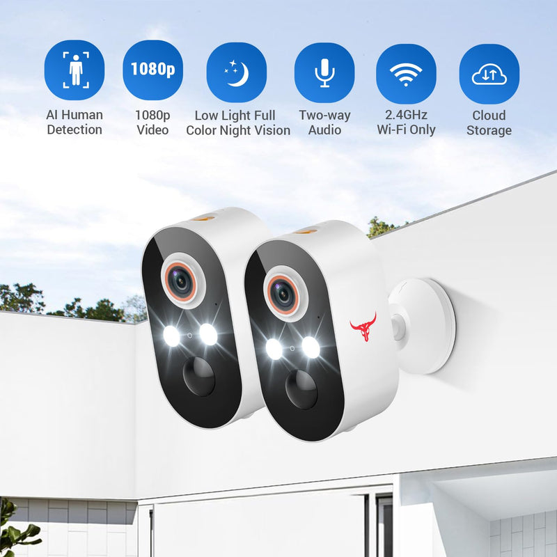 1080P Security Camera Wireless Outdoor with 2-Way Talk for Home Security, Low Light Night Vision, PIR Motion Detection, Cloud Storage, Live View Bullet Surveillance Cam (2 Pack) 2 Pack