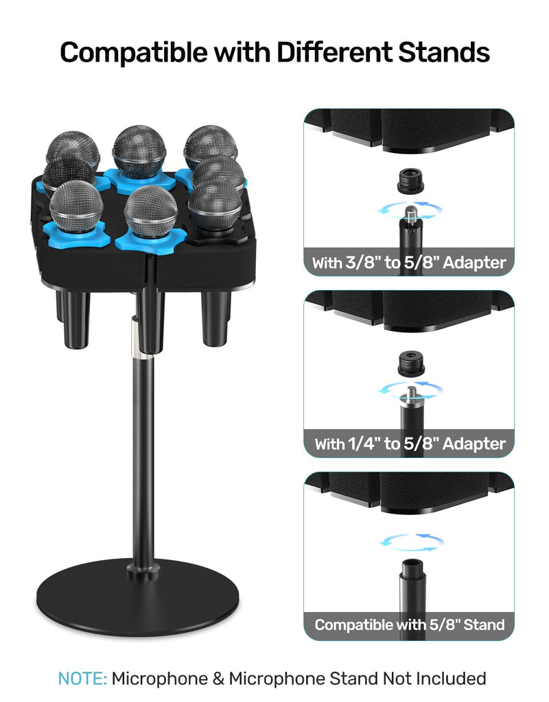 8-Slot Multi Microphone Holder, Alloy Base & Foam Padding & Anti-Roll Ring, Compatible with 5/8", 3/8" and 1/4" Threaded Stand, Wired & Wireles Mics Organizer and Display for Studio and Stage Mic UP to 8 (Foam)