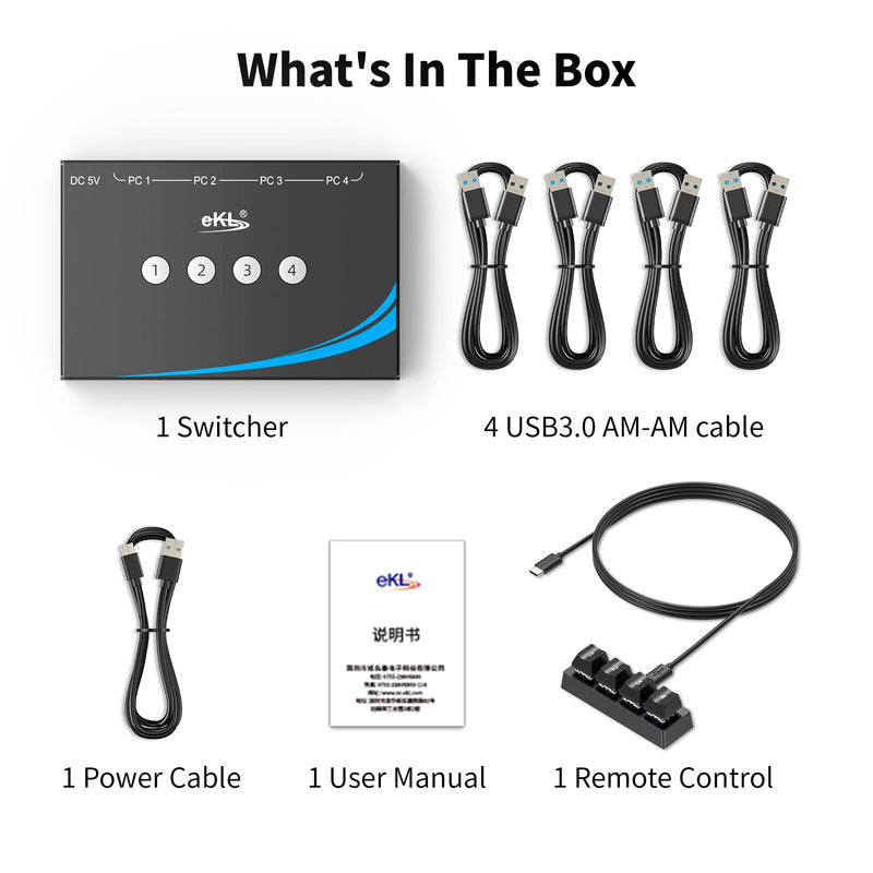 eKL USB 3.0 Switch 4 Computers Sharing USB Peripherals, 4 Port USB Switcher Sharing Mouse Keyboard Scanner Printer, with 3.5mm Headset Jack Audio Out, Includes 4 USB 3.0 Cables and Remote USB3.0 4 in 4 out with desktop controller