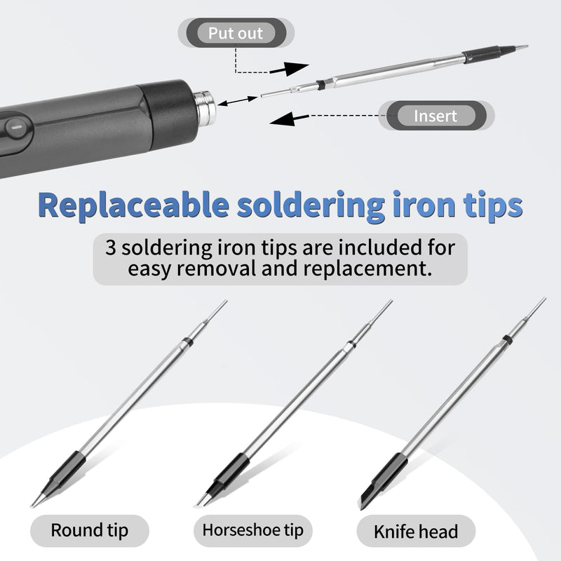 diymore Battery Soldering Iron Set, USB Wireless Soldering Iron Set, 5 Gears Temperature Adjustable 260 ℃-420 °C, 3 Soldering Tips, Soldering Wire, Soldering Paste, Soldering Iron Battery for Repair