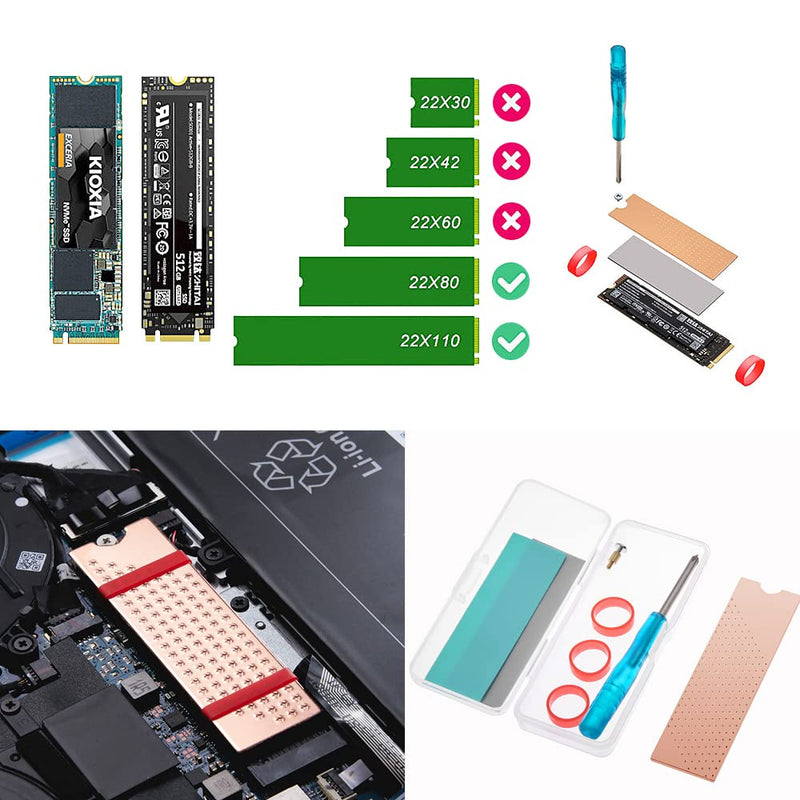 DolDer M.2 2280 SSD Copper Radiator Body 74 x 22 x 2 mm with Thermal Pad Screws Silicone Rings for Desktop PC (2 mm) 2mm