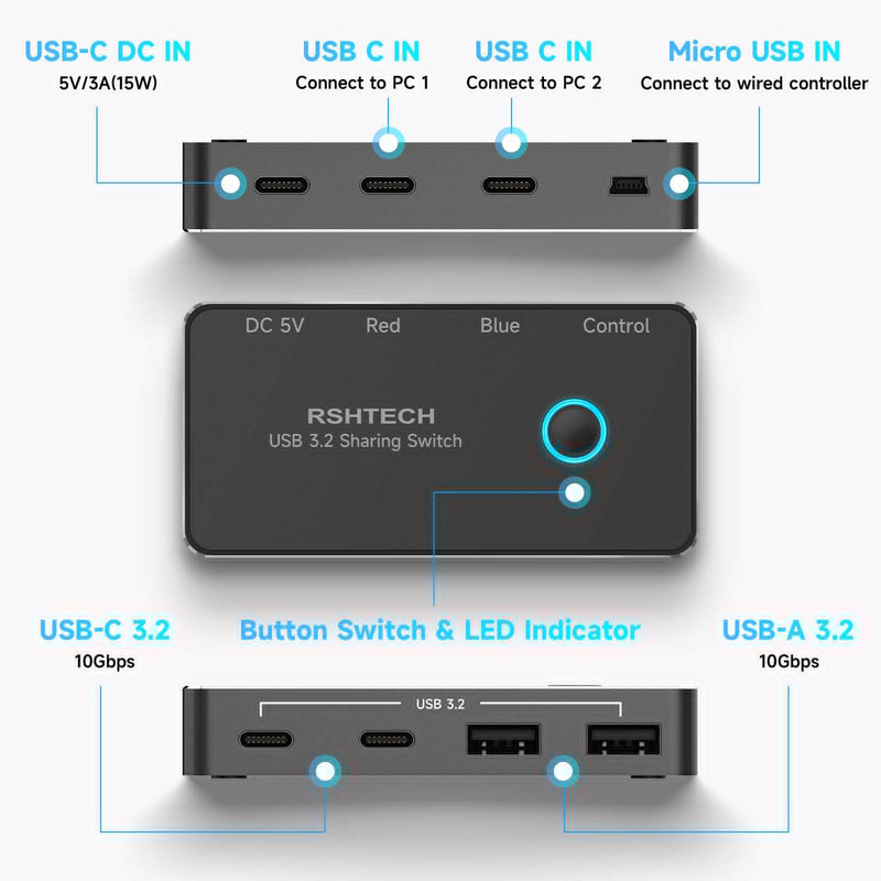 [AUSTRALIA] - RSHTECH USB 3.2/USB C Switch 10Gbps 2 Computers Share 4 USB 3.2 Ports(2 USB-A+2 USB-C), USB Switcher Selector with 2 Cables and Controller for PC Laptop (No Video Output or Charging) 