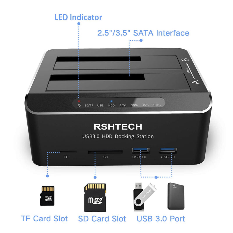 Hard Drive Docking Station RSHTECH USB 3.0 Aluminum Dual Bay Hard Drive Dock for 2.5" & 3.5" SATA HDD SSD with SD TF Card Reader and Offline Clone/Duplicator Function Support 16TB Tool-Free