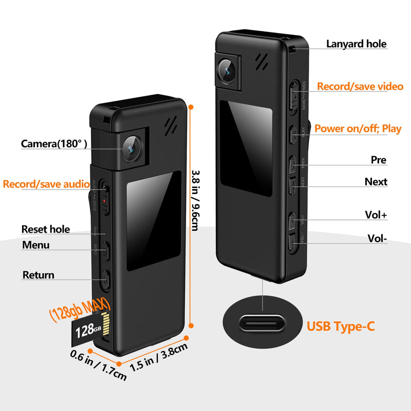 A32 128GB Body Camera, Portable Body Cam with 180° Rotatable Lens and Motion Detection, 1080P Camcorder with Audio and Video Recording for Outdoors Sports Police Delivery Cycling Helmet