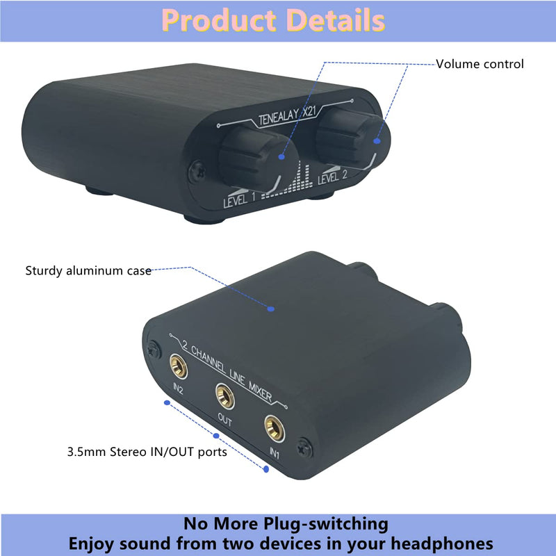 2 Way Audio mixer 3.5mm Un-powered mixer, 2 to 1 Stereo aux 3.5mm line levels control Box mini passive mixer X21