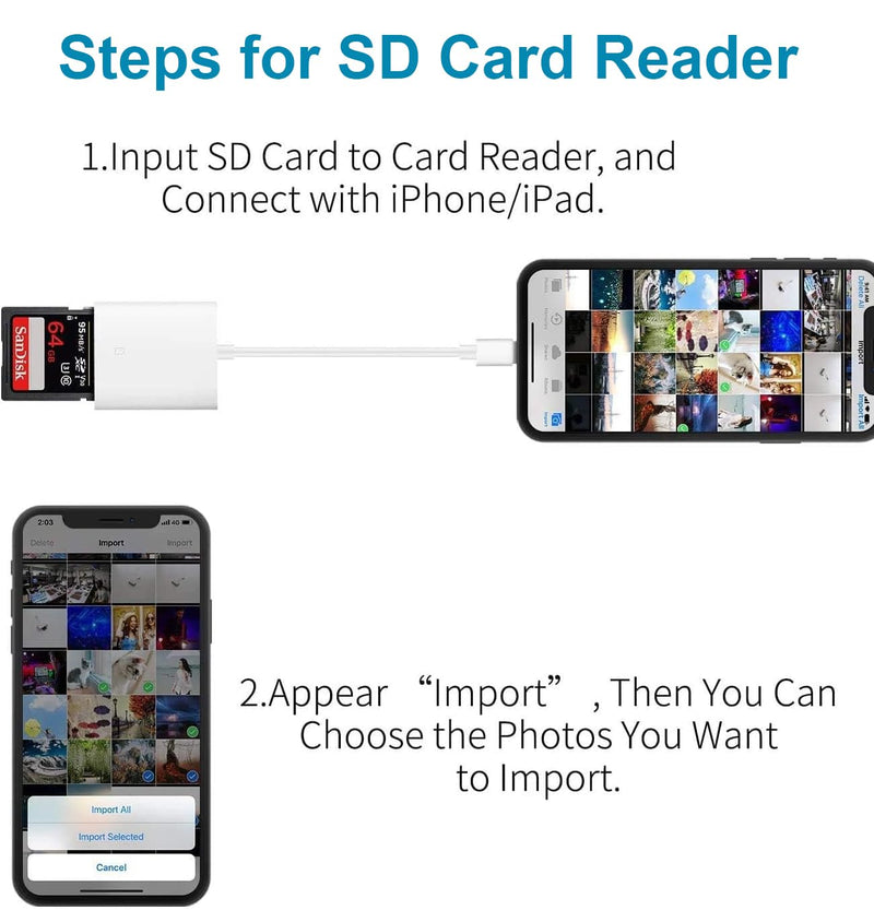 Lightning to SD Card Reader for iPhone, Lightning Camera Adapter Trail Camera Viewer SD Card Camera Memory Card Adapter Compatible with iPhone 14/13/12/11/XS/XR/X/8/7/iPad, Plug and Play White