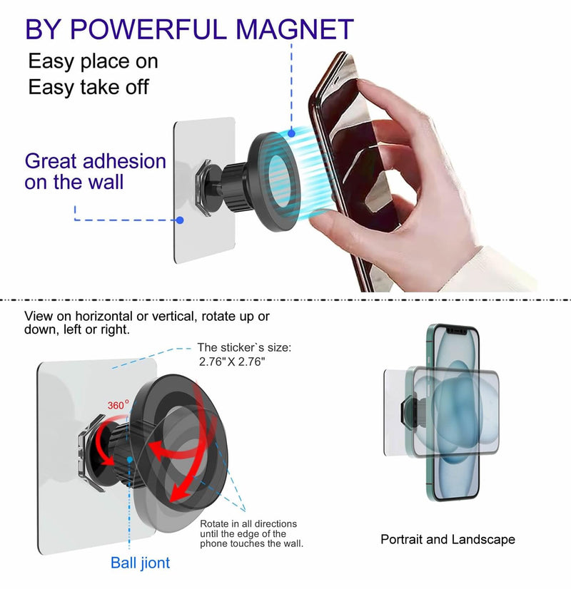 for MagSafe Wall Mount Magnetic Phone Holder, Self-Adhesive, Rotatable Ball, Waterproof, Compatible with iPhone 15/14/13/12 and All Phones, Shower Mirror Car Gym Bathroom Kitchen 1-PACK for Wall