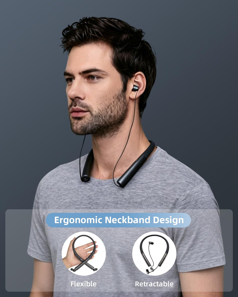 Neckband Bluetooth Headphones, Retractable Headphone & IPX5 Sweatproof, Neckband Headphones Vibration Alert Calls with Stereo Noise Cancelling for Sports/Business Onyx Black