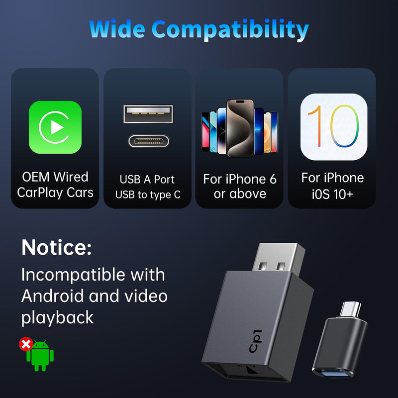 Wireless CarPlay Adapter for iPhone 2026 Upgrade USB A/USB-C | Fast Auto-Reconnect, Plug & Play, Convert Wired to Wireless CarPlay, Compatible with Cars 2016+, iOS 10+ Grey