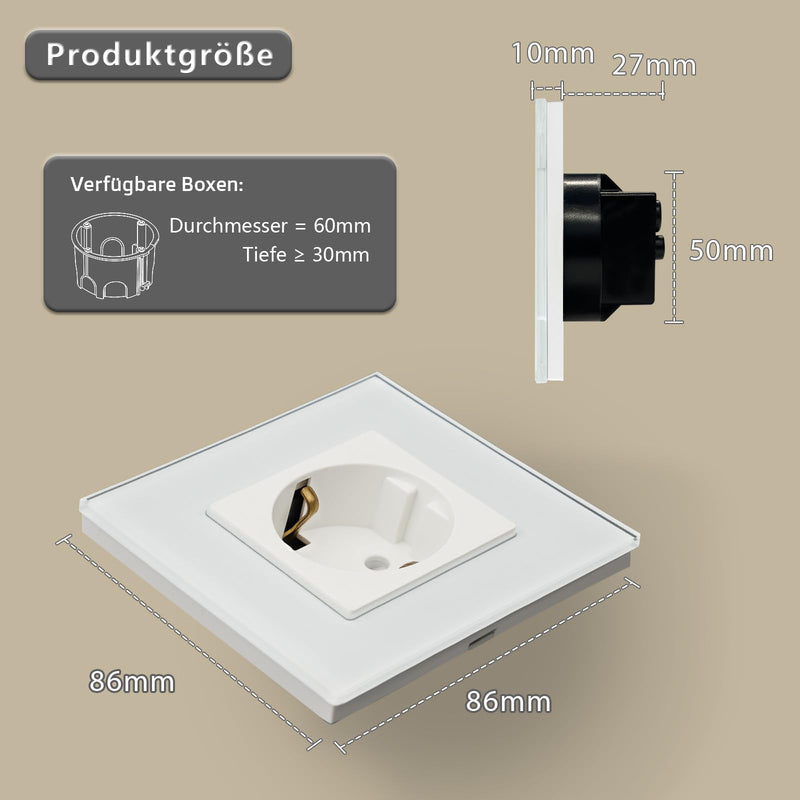 TAWOIA Schuko Socket, EU Standard 1 Compartment Socket Glass Flush-Mounted Socket, Sockets with Crystal Glass Plate, Wall Sockets, White, 86 x 86 mm 1-gang
