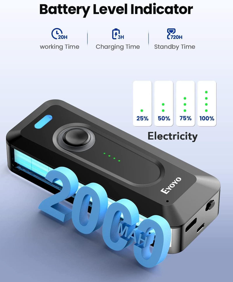 [AUSTRALIA] - Eyoyo Bluetooth 2D Barcode Scanner Wireless with Clip, 2000mAh Battery with Level Indicator, Portable Mini QR Bar Code Reader for Library Book Inventory Compatible with Android Phone, iPad, iPhone 