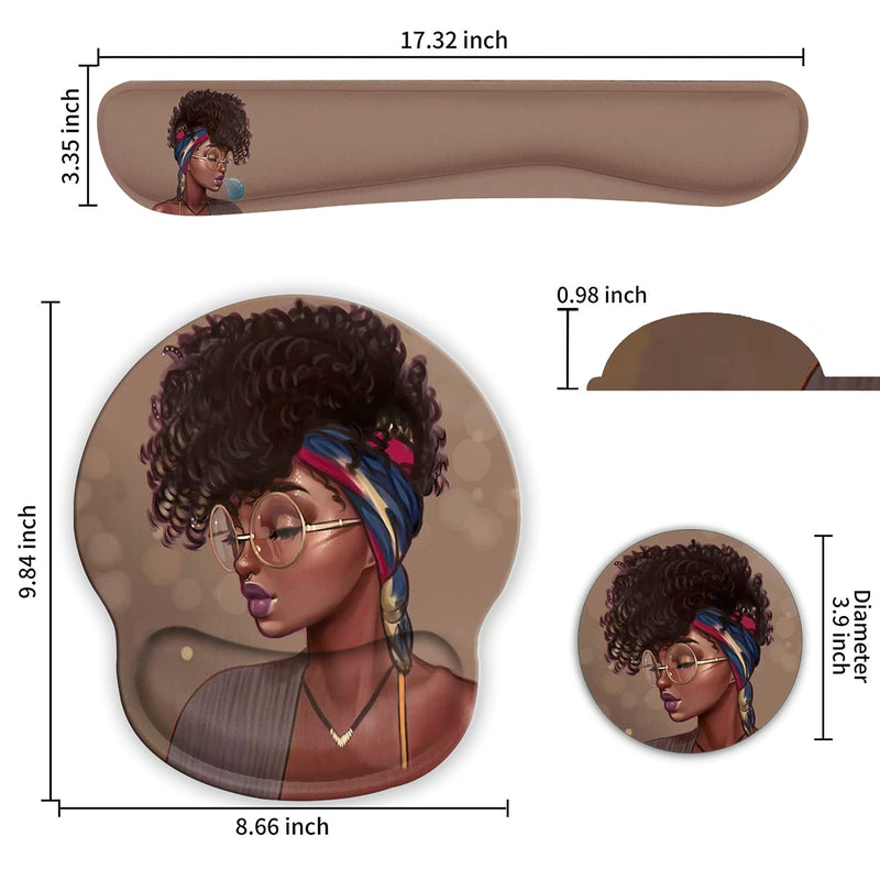 Ergonomic Mouse Pad Wrist Support Gel and Keyboard Wrist Rest Set for Laptop, Mac, Gaming and Office, Durable, Comfortable and Pain Relief + Coaster , African American Women Girl