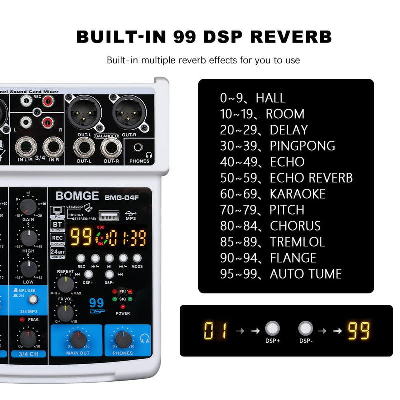 BOMGE 4 Channel mini DJ Audio Sound Mixer Interface with MP3、 USB, Bluetooth, Stereo Recording, 48V Phantom Power, 99 DSP for karaoke, performance, church singing 、 podcas streaming- white WHITE-04F