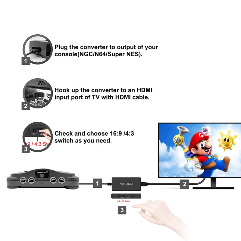 N64 to HDMI Converter Adapter Support 16:9/4:3 Conversion, HDMI Link Cable for N64 /SNES/NGC/SFC（Plug and Play） N64 Adapter