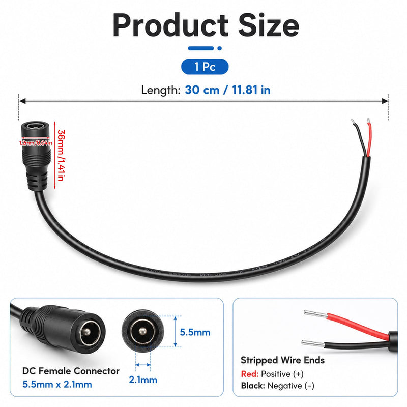 4Pcs 1FT 14AWG 15A 12V DC Power Pigtail Cable, 5.5mm x 2.1mm Male Barrel Plug to Bare Wire Open End Repair Cable for CCTV Security Camera DVR LED Strip Light