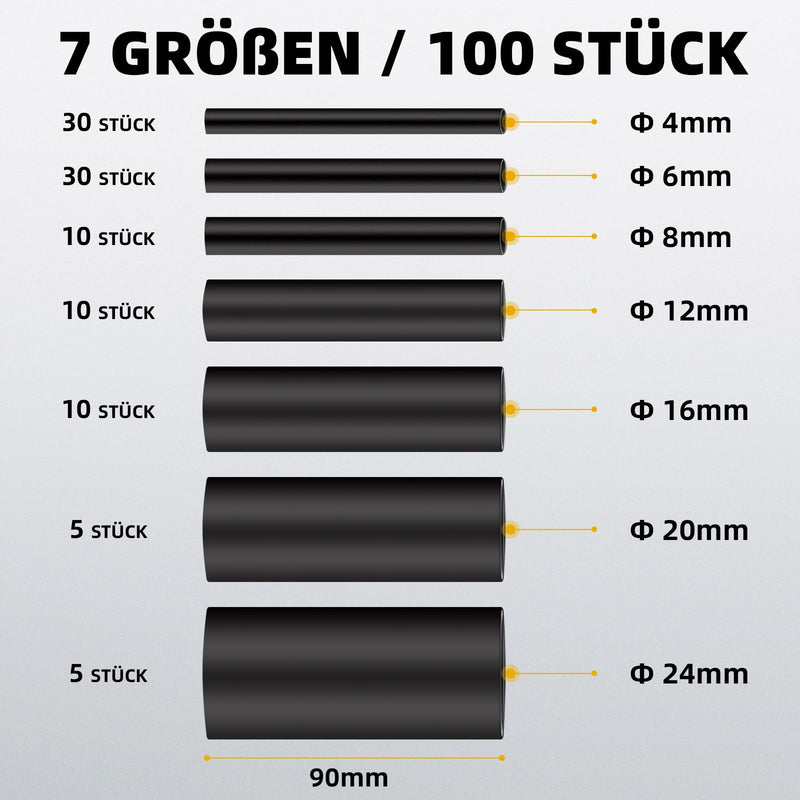 [AUSTRALIA] - Fosdaling Heat Shrink Tube Set, 90 mm Extra Long 4:1 Heat Shrink Tubing, Waterproof with Adhesive, Heat Shrink Tube Assortment (7 Sizes, Black) 