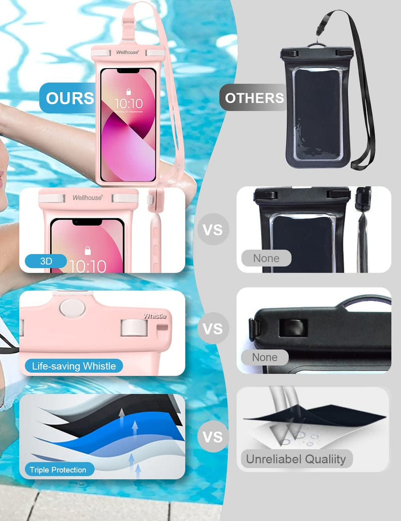 wellhouse Waterproof Phone Pouch, Waterproof Phone Case for iPhone 15 14 13 12 Pro Max XS Samsung, IPX8 3D Cellphone Dry Bag Beach Essentials Pink 1Pack 7.0" 1 Pack - Pink7.0"