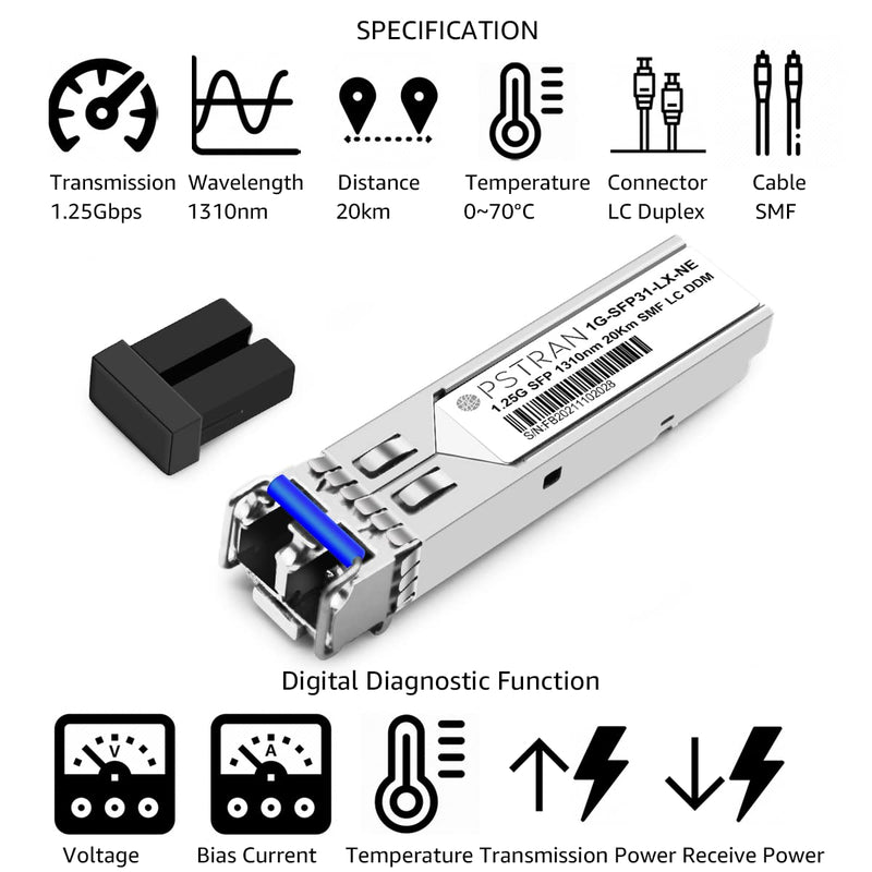 1000BASE-LX/LH SFP Optical Transceiver Module Compatible with Netgear AGM732F 1310nm 20km DDM Duplex LC SMF 1000BASE-LX/LH: 20km for Netgear 1