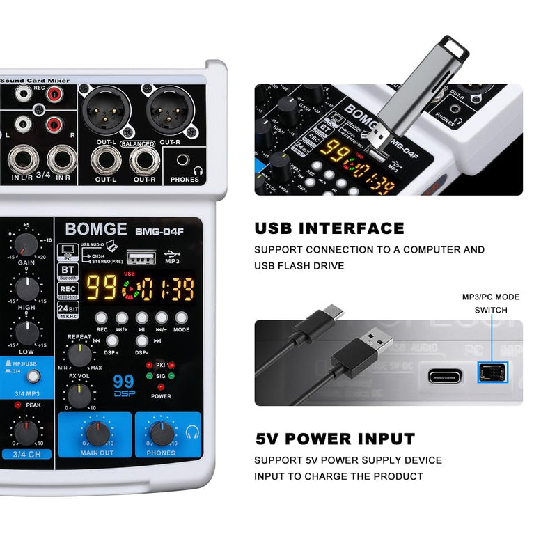 BOMGE 4 Channel mini DJ Audio Sound Mixer Interface with MP3、 USB, Bluetooth, Stereo Recording, 48V Phantom Power, 99 DSP for karaoke, performance, church singing 、 podcas streaming- white WHITE-04F