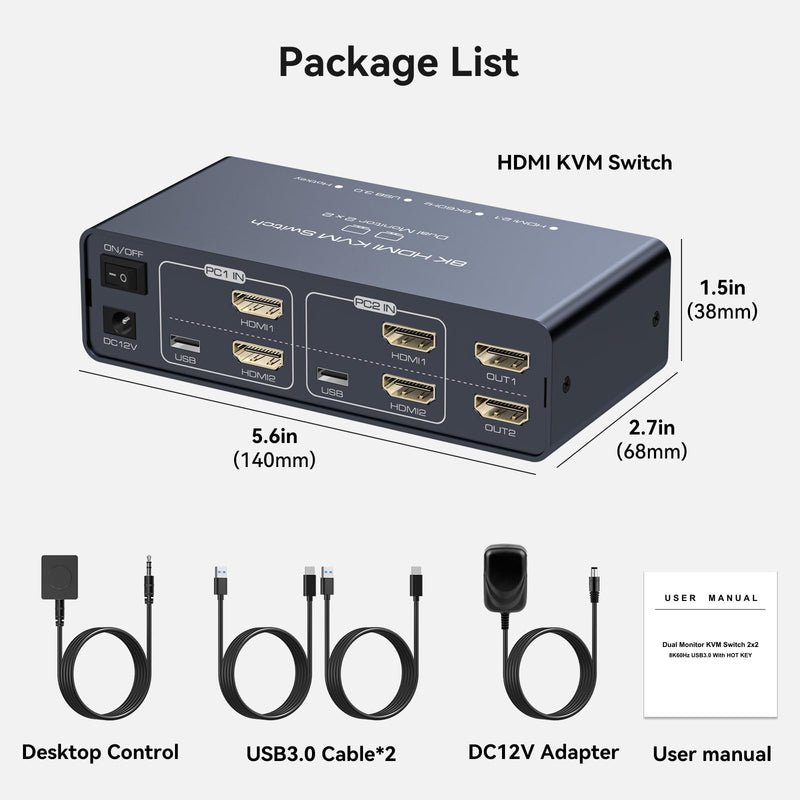 8K HDMI KVM Switch 2 Monitors 2 Computers EDID 4K120Hz for 2 PC Share Dual Monitor and 4 USB Ports Support Extended/Copy Mode with Desktop Controller