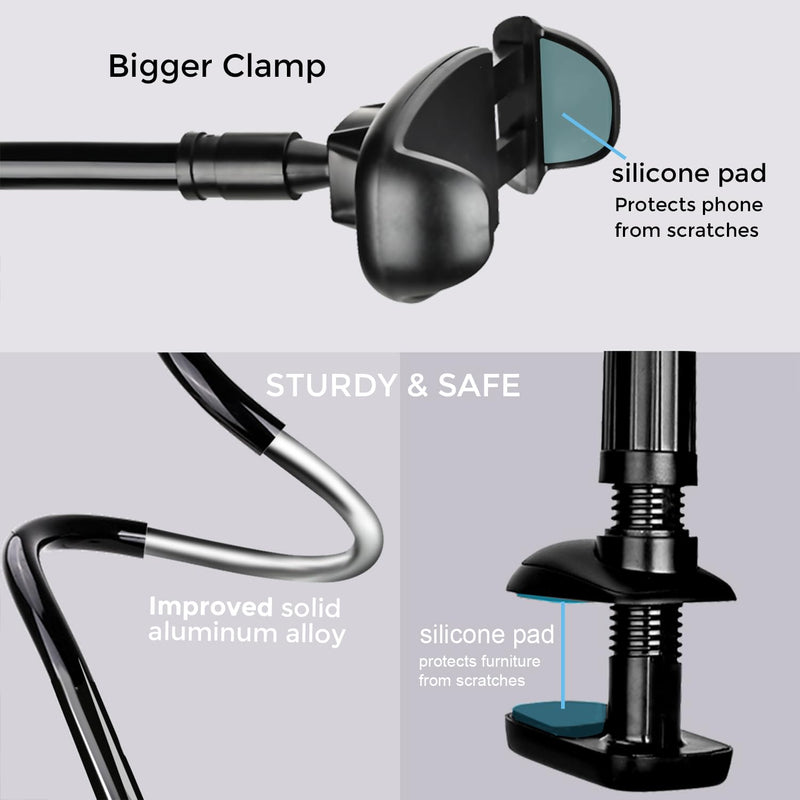 TONDA Phone Holder for Bed Desk, Gooseneck Phone Holder Stand with 33 inch Adjustable Flexible Long Arm Clip Clamp Bracket Mount for iPhone 15 Pro Max XR X 8 7 6 or Other 4-7" Devices