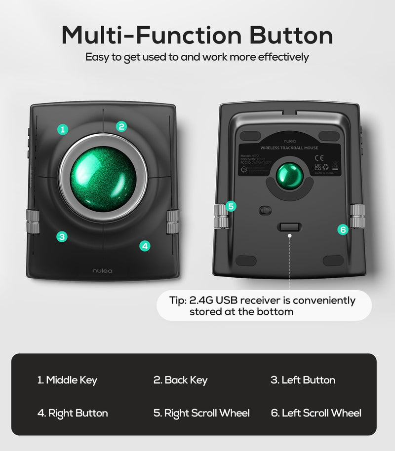 Nulea Wireless Trackball Mouse Ergonomic 55mm Large Ball Ambidextrous | Rechargeable mouse with free spin scroll wheel,quiet clicks,Bluetooth USB connection,smooth tracking,PC Mac compatible-Green Green