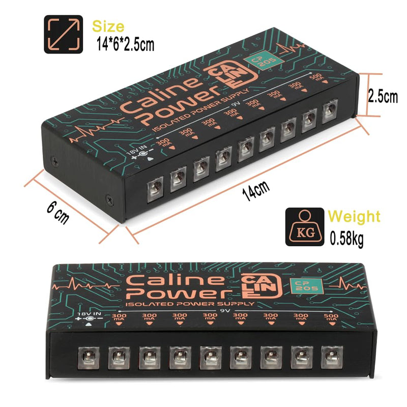 Caline CP-205 Guitar Pedal Power Supply, DC 9V True Isolated Pedalboard Power Supply with 8 Totally Isolated Outputs(300mA/500mA), Noiselessly