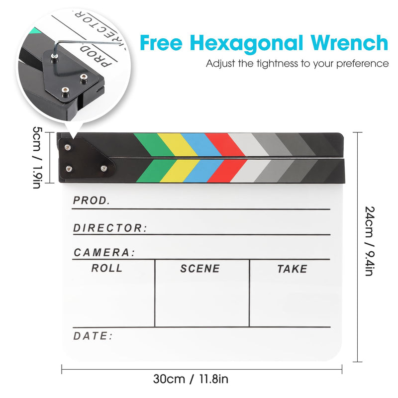 Acrylic Movie Film Directors Clapboard, Photography Video TV Cut Action Scene Slate Clapper Board Props with a Magnetic Blackboard Eraser, Two Custom Pens, Cleaning Cloth and Hex Wrench, White