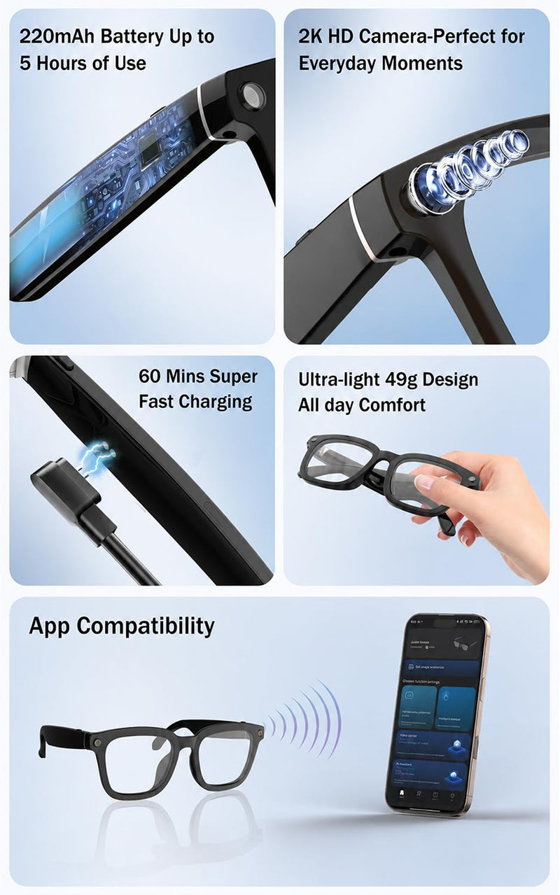 8MP HD AI Smart Glasses with Camera for Video Recording & Photo Capture | EIS Anti-Shake TEC, Real-Time Translation, Open-Ear Bluetooth Audio, Object Recognition, Voice Assistant, for Life & Work Z-AI Camera Smart Glasses