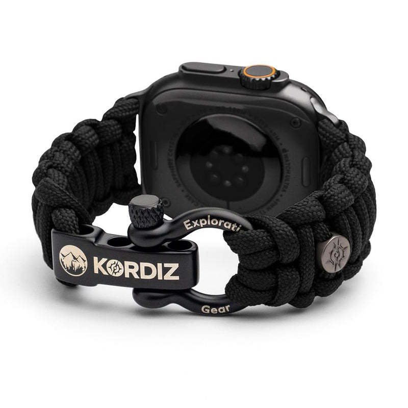 KORDIZ Survivor - Nylon Paracord Apple Watch Band Compatible with Apple Watch ULTRA 3, ULTRA 2 / 1 [49mm] & Series 11, 10, 9, 8, 7-1, SE3, SE2, SE [46mm 45mm 44mm 42mm] - with Stainless Steel Adjustable Shackle Black - Ultra 49mm Black Medium