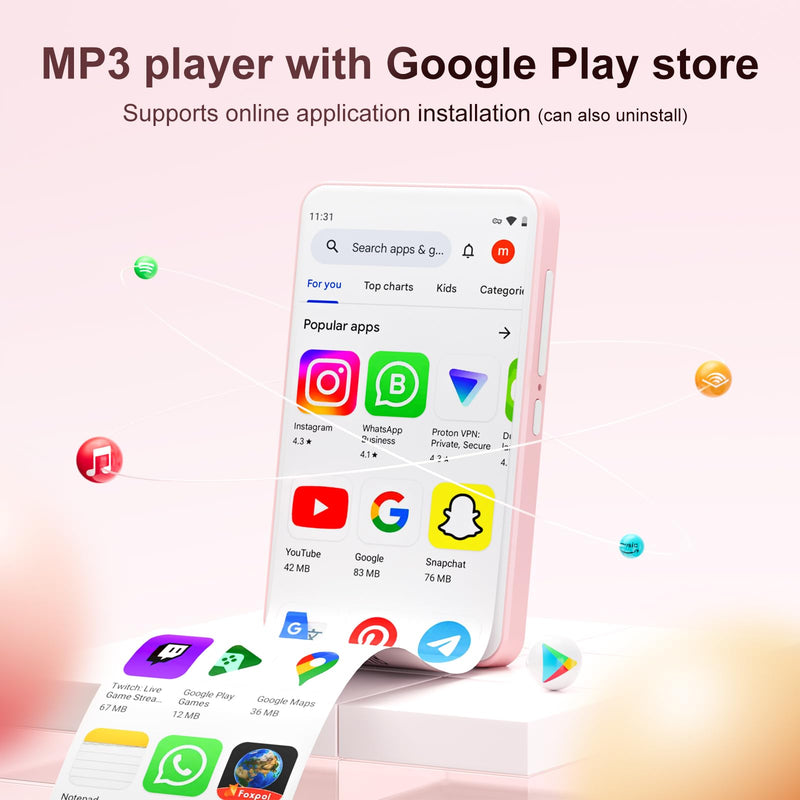 [AUSTRALIA] - 80GB MP3 Player with Bluetooth and WiFi, Android Player with Speaker Mp3 & Mp4 Music Player with Spotify, Amazon Music, Browser, Deezer, 4.0" Touch Screen, Download Music,Up to 512GB(Pink) Pink 