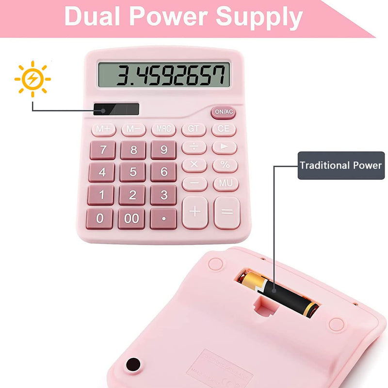 Office Calculators Desktop, 12-Digit Dual Power Cute Calculator with Large LCD Display Big Button for Office Home and School (Pink) Pink