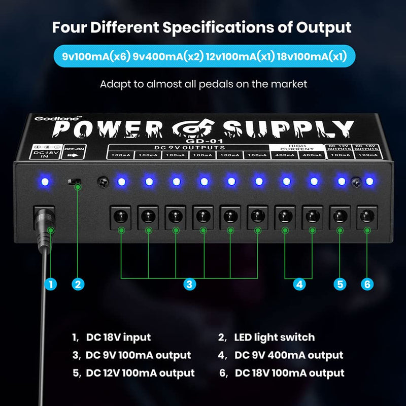 Guitar Effect Pedal 10 DC Output for 9V 12V 18V Pedals Power Supply with Short Circuit Overcurrent Protection Separate GD-01