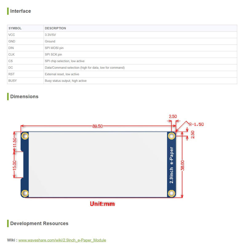 2.9 inch E-Paper Module 296 x 128 Resolution 3.3 V/5 V Two-Colour E-Ink Display Module epaper Screen SPI Interface for Raspberry Pi/Arduino/Nucleo Support Partial Refresh 2.9inch E-paper Display Module