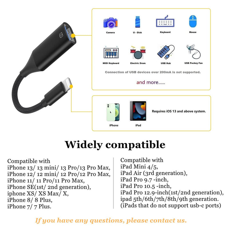 IVSHOWCO USB Camera Adapter for iPhone, USB OTG Cable Adapter for iPad Supports USB Flash Drive, Card Reader, Mouse, Keyboard, MIDI... Black