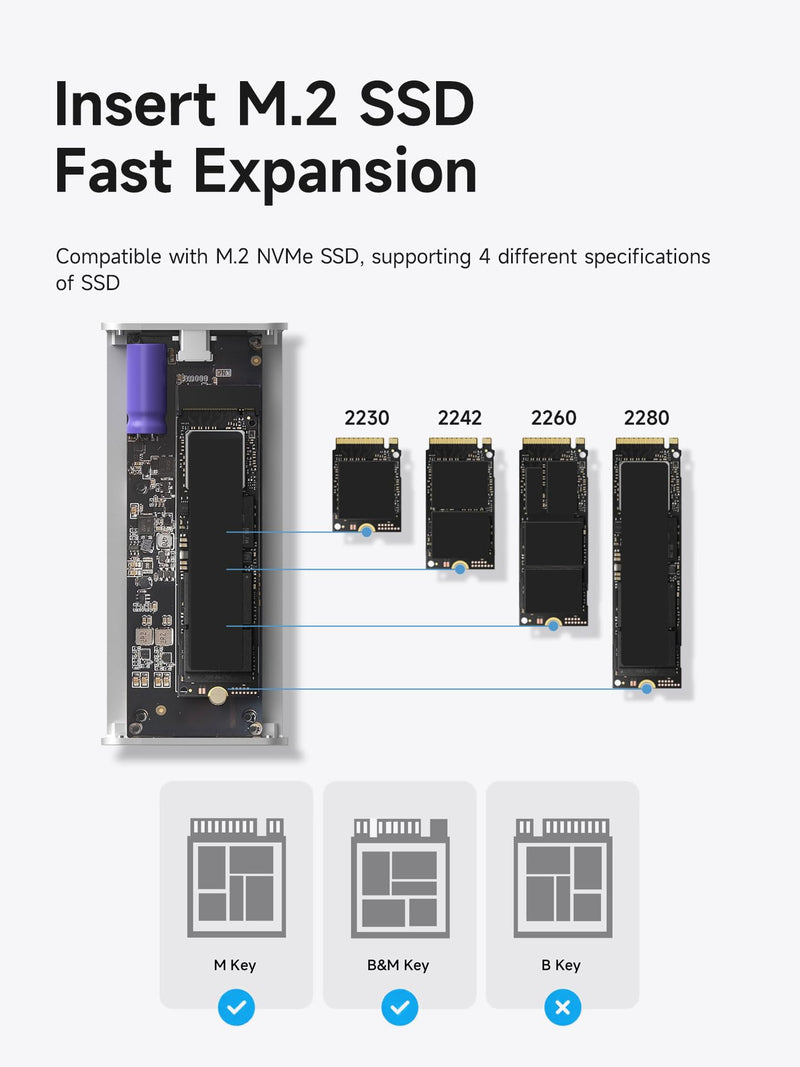 Hagibis SSD Enclosure, E-Ink Display Aluminum 10Gbps M.2 NVMe SSD Case, Ink Screen Super Capacitor USB 3.2 Gen 2 to PCI-E NVMe M and B&M Keys External SSD Enclosure for 2230/2242/2260/2280 SSDs 9210CN