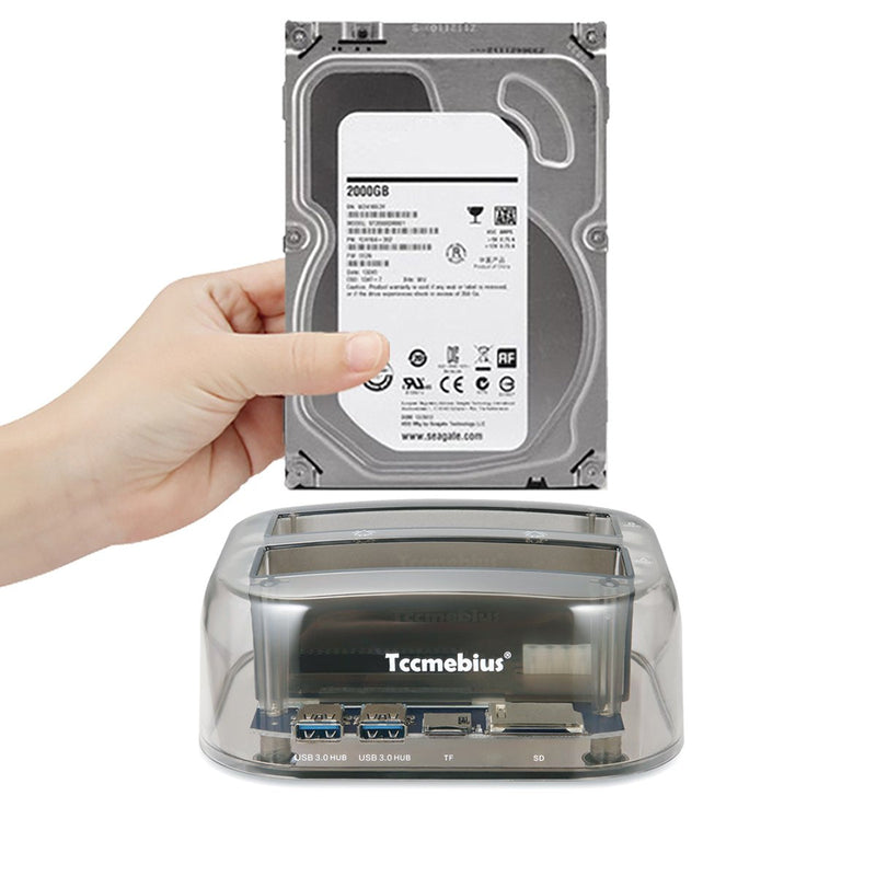 TCC-S865 USB 3.0 to SATA IDE Dual Slots External Transparent Hard Drive Docking Station with Card Reader and 2 Ports USB 3.0 Hub for 2.5 3.5 Inch IDE SATA I/II/III HDD SSD
