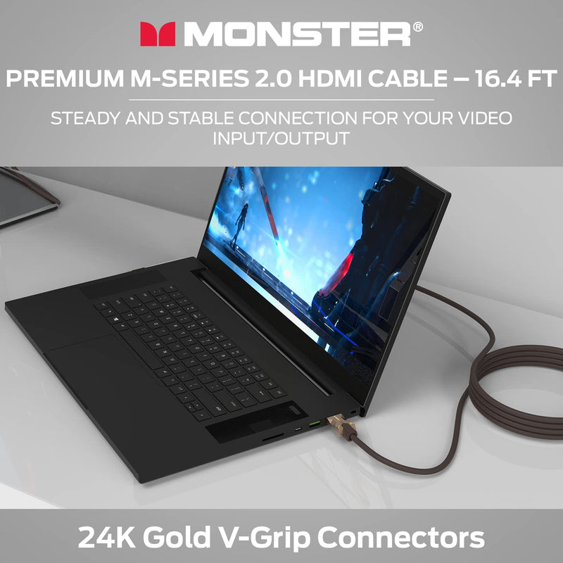 Monster M-Series Certified Premium HDMI Cable 2.0, High-Speed 22.5 Gbps, 4K UHD 60Hz, Triple-Layer Shielding, Duraflex Jacket, HDMI Cable for TV, Monitor, Gaming, PC, 16.4 ft 16.4-Feet