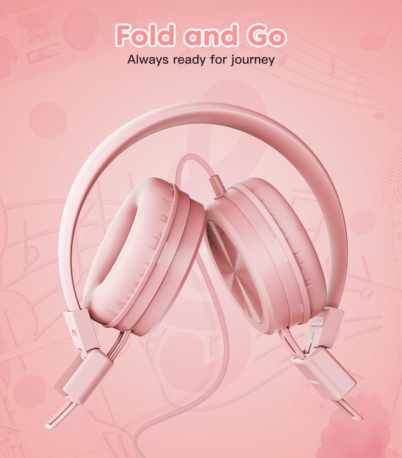 [AUSTRALIA] - Kids Headphones, Toddler Headphones with Safe Volume Limiter 94dB, Wired School Headphones for Kid, 3.5mm Adjustable On-Ear Headphones for Boys/Girls/Children/Teens/iPad/Computer, Light Pink Plug 3.5mm 