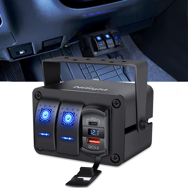 Nilight 2 Gang Rocker Switch Box 12V SPST ON Off PD Type C and QC 3.0 USB Charger Voltmeter Waterproof Aluminum Panel DIY Stickers for Boats Cars RVs Trucks Blue+Box 3 Gang Type C +USB