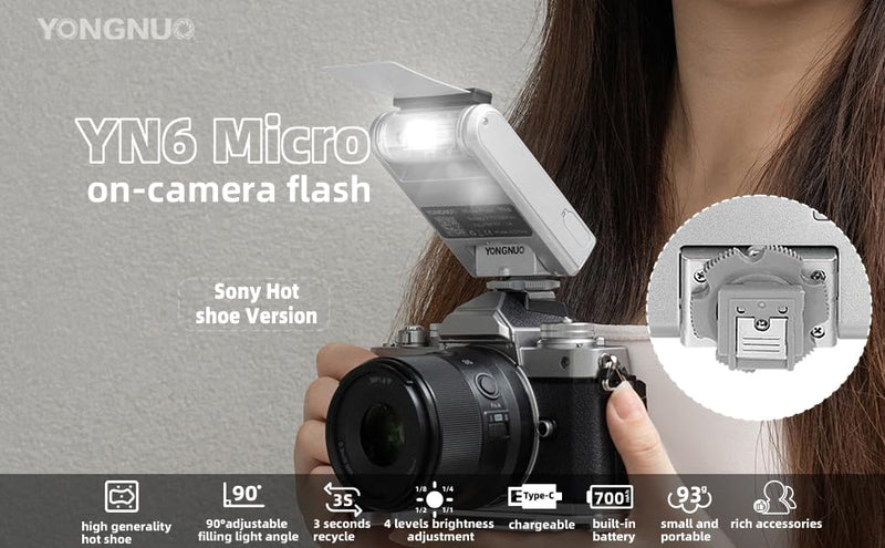 Yongnuo YN6 Manual Mini Standard Hot Shoe Flash for S, Typc C Charging Interface on Camera Flash Speedlite, with Built-in Li Battery, for A7 A6400 A6500 A6300 A6000 A5100 A5000 S Sliver