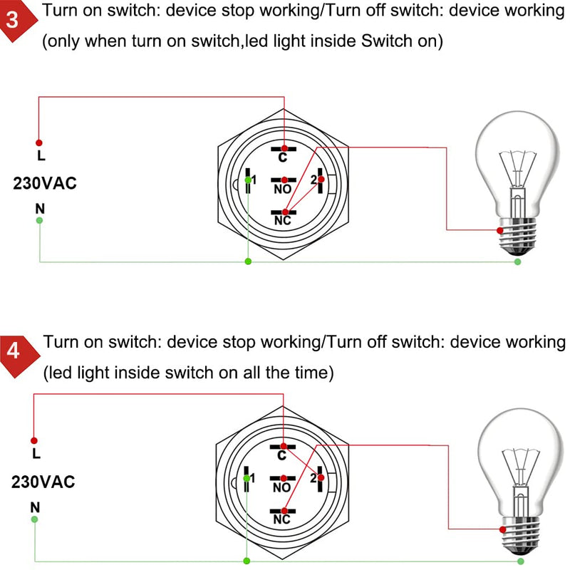 0.87 Inch/22mm Stainless Steel Momentary Push Button SPDT 110V-220V/3A LED 1NO1NC ON/Off Waterproof with Wire Socket Plug (Green LED) green /110-220V