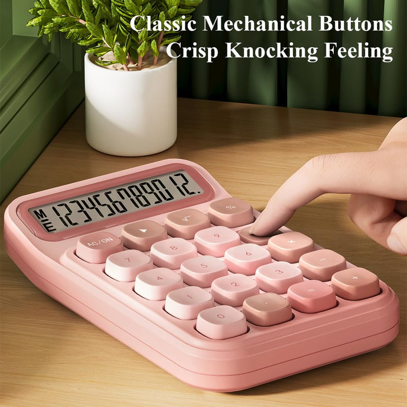 M&G Desktop Calculator 12 Digit Mechanical Switch Calculator with Large LCD Display, Basic Cute Pink Calculator with Big Buttons, Aesthetic Calculator for Office Home School (Battery Included)