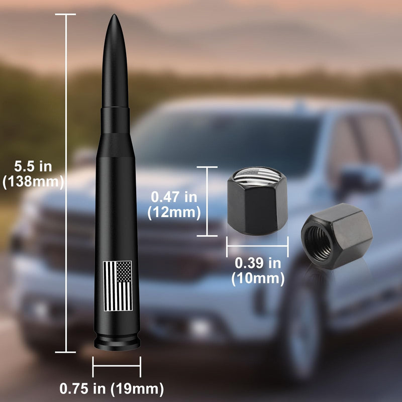 Car Truck Bullet Antenna with Tire Valve Caps American Flag Universal Short Replacement for GMC Sierra Chevy Silverado Dodge Ram 1500 2500 3500 Ford F150 F250 F350 Super Duty Accessories, Matte Black 5.5 inch
