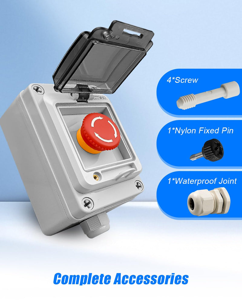 660V 10A Push Button Switch Box, Red Momentary Emergency Stop Button, Shut Off Switch with IP67 Waterproof Protective Cover Red Emergency Stop Only