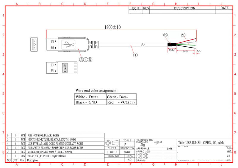 USB Rs485 Adapter Cable Rs485 to USB Converter FTDI chipset