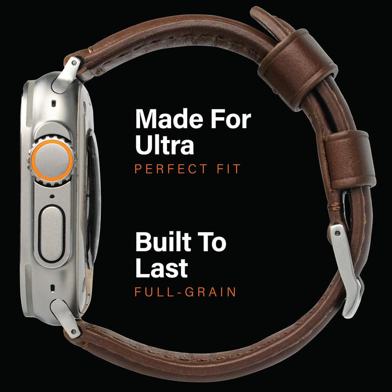 KORDIZ Traditional Leather Band for Apple Watch ULTRA 3, ULTRA 2/1 & Series 11, 10, 9, 8, 7-1, SE3, SE2, SE - Genuine Full Grain Leather Wristband - Men Women Replacement Band for iWatch Apple Watch [ 49mm 46mm 45mm 44mm ] ULTRA Silver 49mm | Dark Brown