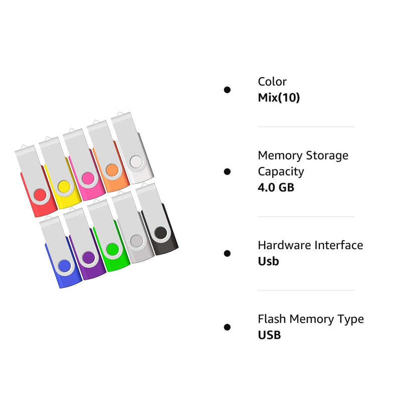 4GB USB Flash Drive, Flash Stick 4 GB 10 Pack Memory Stick JBOS Swivel Thumb Drives Gig Stick USB2.0 Pen Drive for Fold Digital Date Storage, Zip Drive, Jump Drive, Disk Key, USB Stick, Mixed Colors 4GB Mix(10)