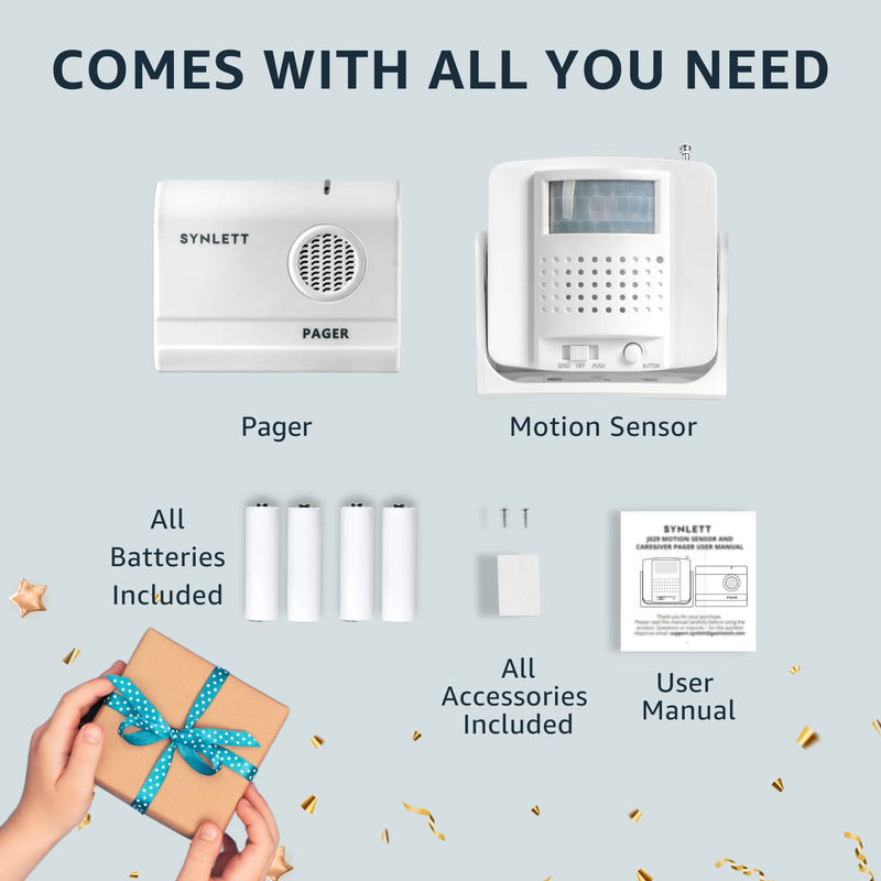 Bed Alarm Caregiver Pager with Wireless Motion Sensor Alarm Indoor Fall Prevention for Elderly Monitoring Seniors Dementia Patients Seniors Home Door Chime 1 Motion Sensor 1 Receiver